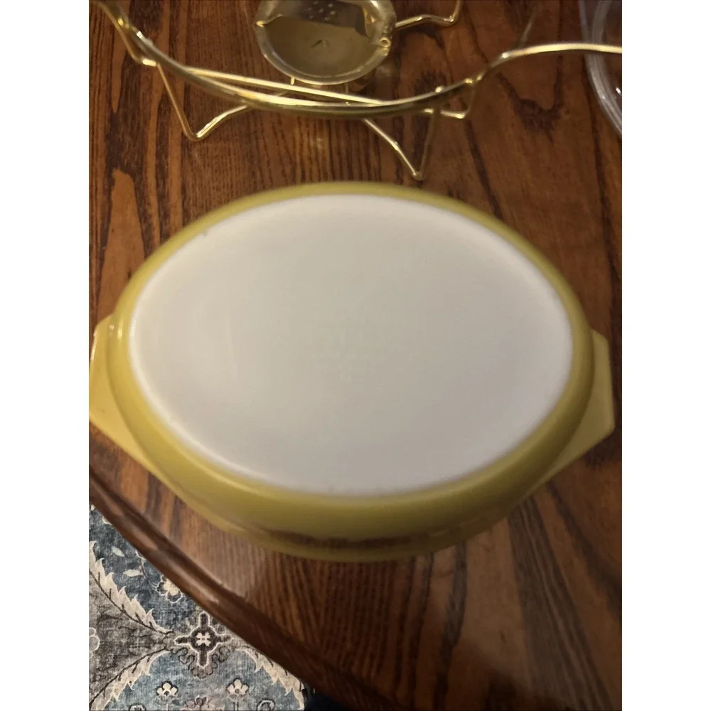 PYREX 043 1.5 Qt Golden Garland casserole w/ teak-handled warmer & lid EUC